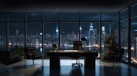 An Empty Office Showing An Image Of The City At Night Background, 3d Office With Night City ...