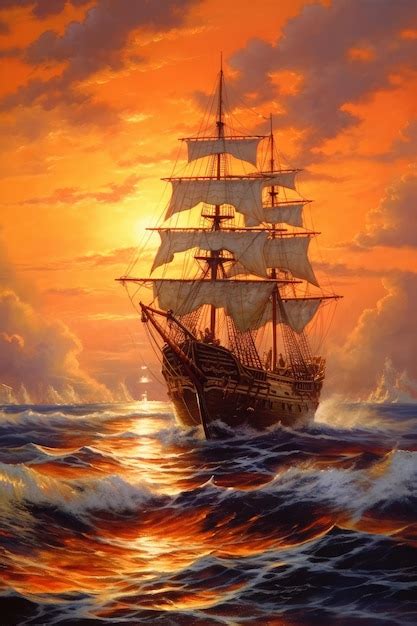 Premium AI Image | Oliver black painting of a sailing ship at sunset