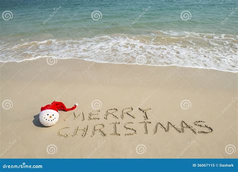 Merry Christmas Written On Tropical Beach White Sand With Snowman Stock ...