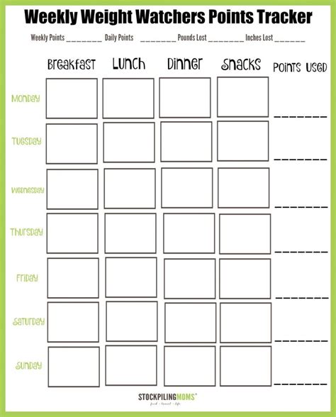 Weight Watchers Weekly Points Tracker Free Printable