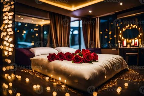 a bed with roses and candles in a bedroom. AI-Generated 30138472 Stock ...