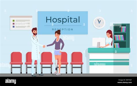 Modern clinic reception flat vector illustration. Smiling doctor, woman with prosthesis and ...