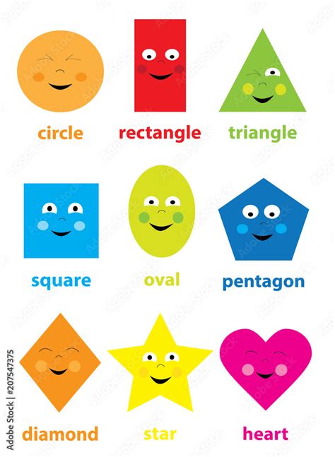 Vecteur Stock learning collection of funny, cute, smiling basic geometric shapes with cartoon ...