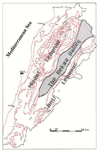 Location of the Bekaa Valley, shaded, within the topographic setting of | Download Scientific ...