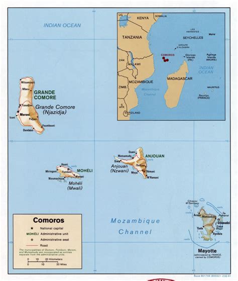 Large detailed political map of Comoros with relief, roads and cities ...