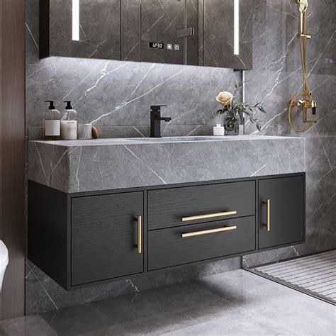 Modern 39" Floating Black Bathroom Vanity Stone Top Wall Mounted Bathroom Cabinet with Integral ...