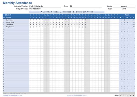 Printable Class Attendance Tracker for Excel