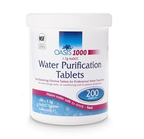 Oasis 1000 Water Purification Tablets (1.7g NaDCC) 200 tablets per container 5ppm in 200 litres ...