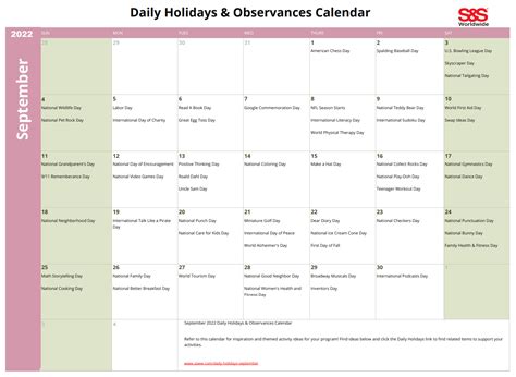 September Daily Holidays & Observances Printable Calendar - S&S Blog