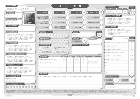 Alien RPG Custom Character Sheet by Jez Gordon