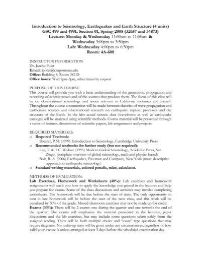 Introduction to Seismology, Earthquakes and Earth Structure (4 units ...