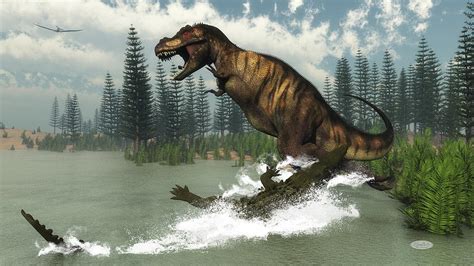 Tyrannosaurus rex dinosaur attacked by deinosuchus crocodile - 3D render Digital Art by Elenarts ...