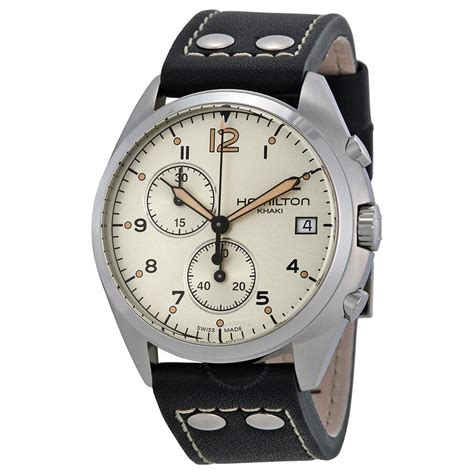 Hamilton Khaki Pilot Pioneer Chronograph Ivory Dial Black Leather Men's Watch HML-H76512755 ...