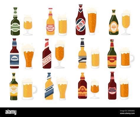 Beer bottles with label and glass beer mug bottles with different types of beer alcohol drink ...