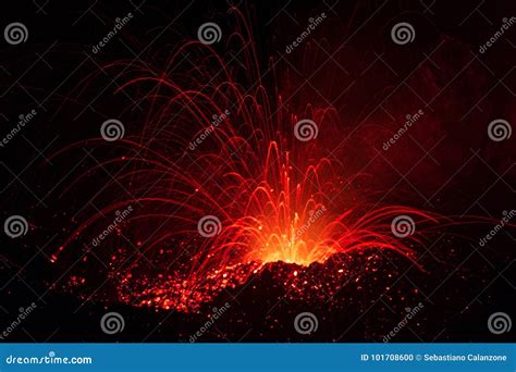 Strombolian Eruption from Stromboli Volcano with Lava Trails Explosion Stock Photo - Image of ...