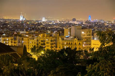 Scenic Aerial View Of Barcelona City Skyscraper And Skyline At Night In Barcelona, Spain Stock ...