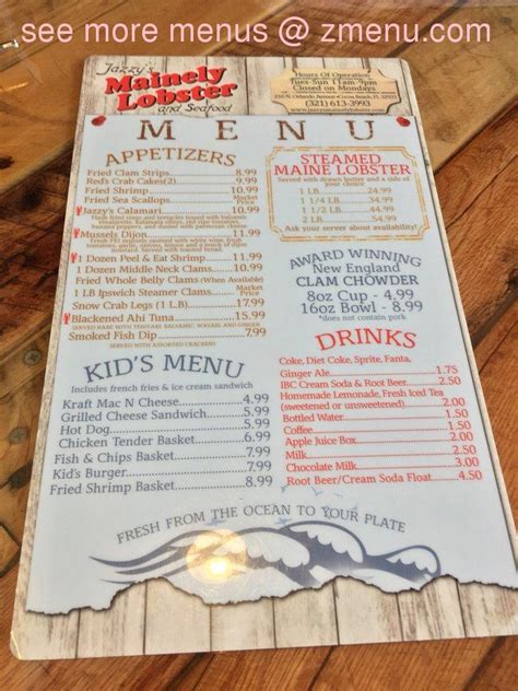 Menu at Jazzy's Mainely Lobster restaurant, Cocoa Beach