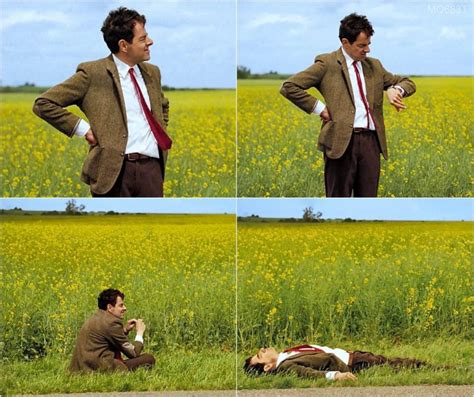 four pictures of a man sitting in the grass with his hands on his hips ...