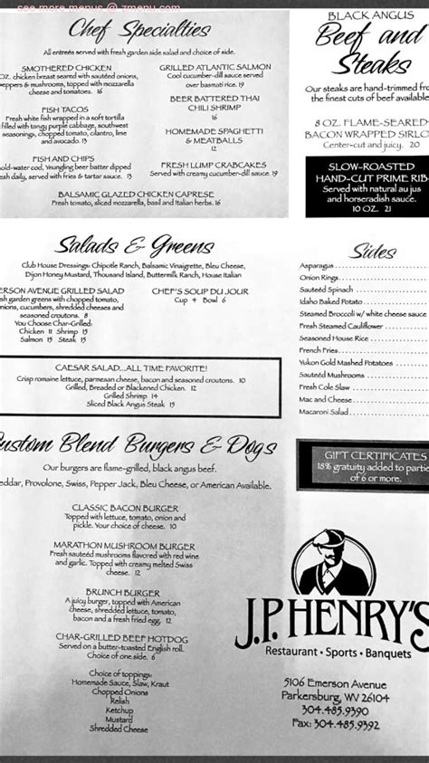 Menu at J.P. Henry's Restaurant, Parkersburg