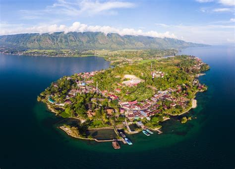 Aerial: Lake Toba and Samosir Island View from Above Sumatra Indonesia. Huge Volcanic Caldera ...