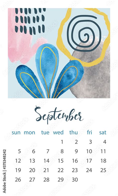 Calendar 2021 September. Abstract modern design. Editable template ...