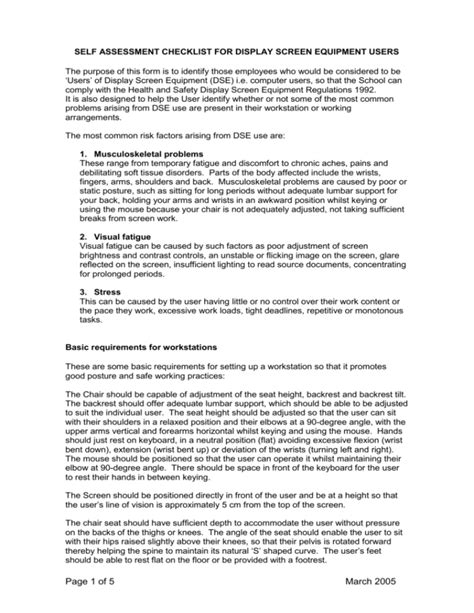 self assessment checklist for display screen equipment users