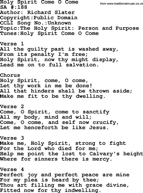 Salvation Army Hymnal Song: Holy Spirit Come O Come, with Lyrics and PDF