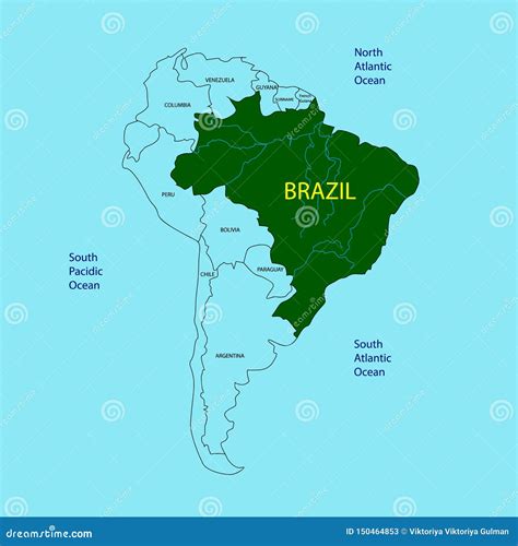 Amazon River Map in Yellow Color on Blue Background. Vector ...