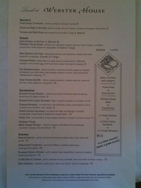 Webster House Menu, Menu for Webster House, Crossroads Arts District / Crown Center, Kansas City ...