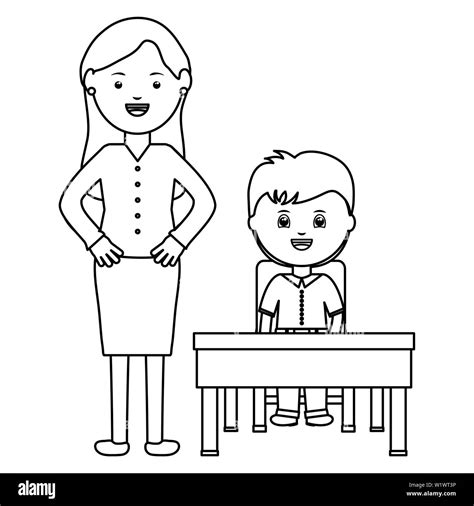 cute little student boy with female teacher in schooldesk vector ...