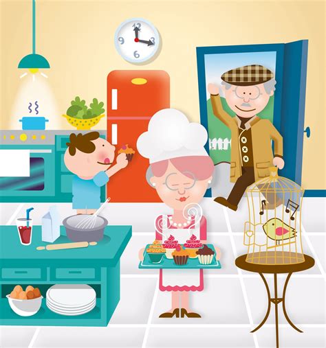 ilustración abuela cocinando y abuelo que sale de paseo