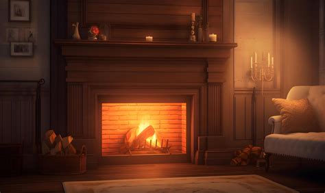 A cozy fireplace scene with a warm wallpaper, inviting glow that evokes feelings of comfort and ...