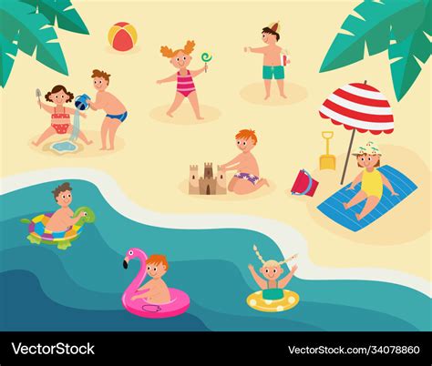 Cartoon kids playing in summer beach sand Vector Image