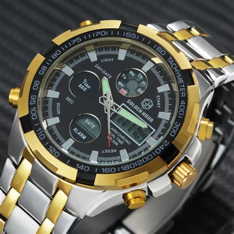 GOLDENHOUR Military Digital Dual Time Watch Men Chronograph Alarm Calendar Multifunction ...