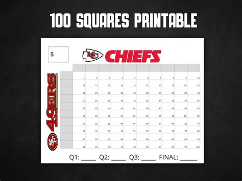 Printable Super Bowl Squares 100 Numbers, Squares Game, Superbowl LVIII ...