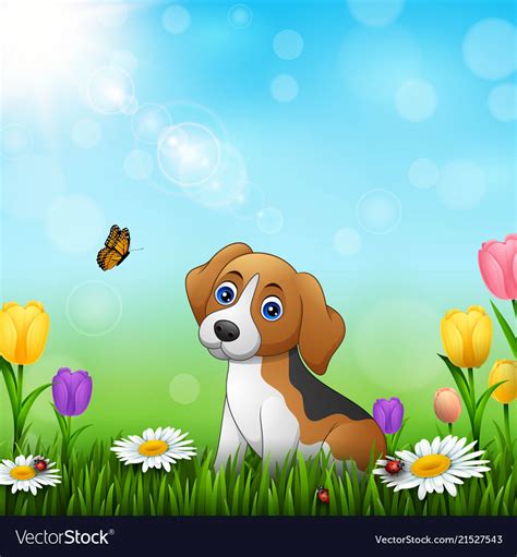 Cartoon dog in the grass background Royalty Free Vector