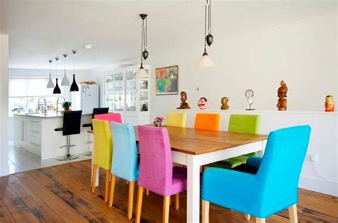 Image result for dining table multi coloured chairs | Colored dining chairs, Fabric dining room ...