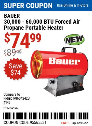 BAUER 30,000 – 60,000 BTU Forced Air Propane Portable Heater for $74.99 ...