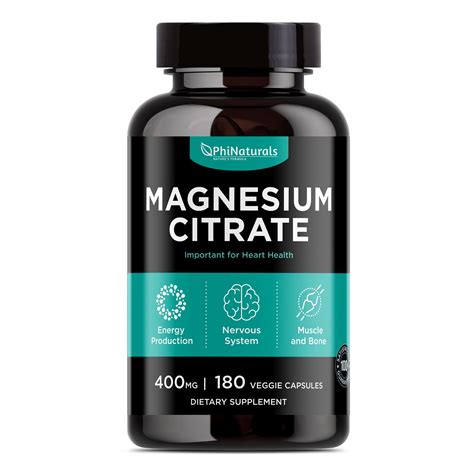 Magnesium Citrate 400mg 180 Capsules by Phi Naturals - Walmart.com - Walmart.com