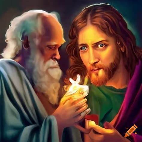 Humorous image of jesus and charles darwin smoking weed together