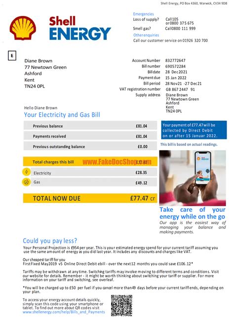 Shell Energy Electricity And Gas Bill PDF Template - Fakedocshop