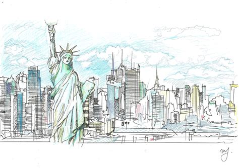 Color Pencil Sketch of New York City, Statue of Liberty on Liberty ...