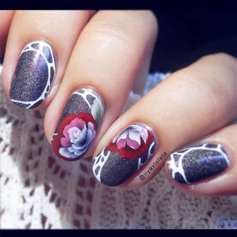 Dark roses by @ilyavioleta on nailstyle.com | Flower nail art, Flower nails, Nail designs