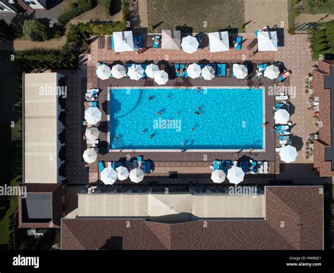 Aerial view on people in swimming pool. Top view of people sunbathing ...