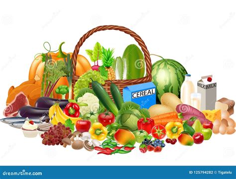 Cartoon Healthy Foods Contains of Fruits and Vegetables, Protein ...