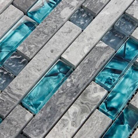 Gray Marble Backsplash Tiles Sea Glass Blue Wave Patterns Natural Stone Bathroom Wall Mosaic ...