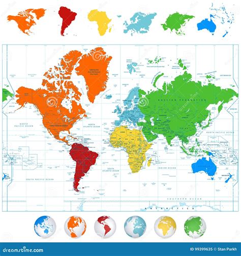 Detailed Vector World Map with Colorful Continents and 3D Globes Stock ...