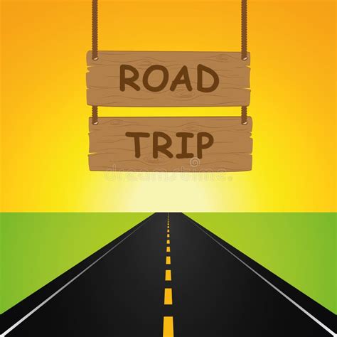 Road Trip Hanging Wooden Sign and Asphalted Road Stock Vector - Illustration of freedom, grass ...