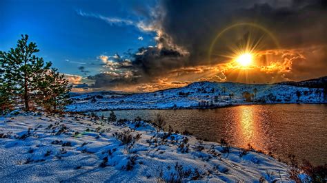 Winter landscape, sunset, snow, river, sky, clouds, white, shadow ...