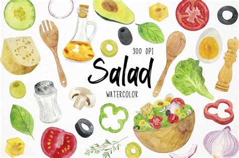 Watercolor Salad Clipart, Salad Ingredients Clipart Vegetarian Clipart ...